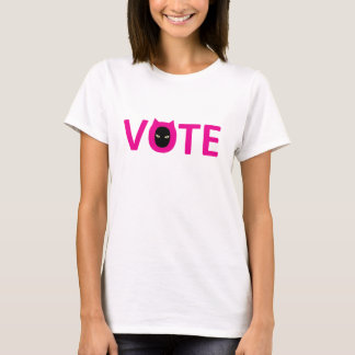 White tshirt, pink word VOTE with cat face in O T-Shirt