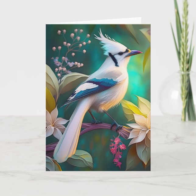 White Tufted Teal Wing Jay Fantasy Bird Card (Front)