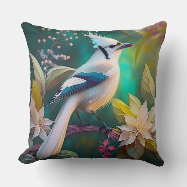 White Tufted Teal Wing Jay Fantasy Bird Cushion (Front)
