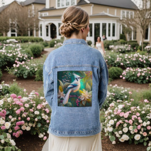 White Tufted Teal Wing Jay Fantasy Bird Denim Jacket