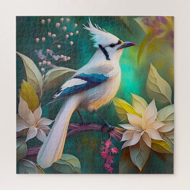 White Tufted Teal Wing Jay Fantasy Bird Jigsaw Puzzle (Vertical)