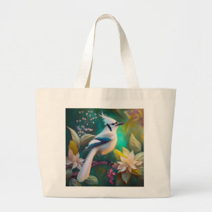 White Tufted Teal Wing Jay Fantasy Bird Large Tote Bag