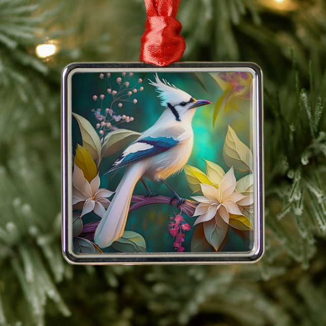 White Tufted Teal Wing Jay Fantasy Bird Metal Ornament (Tree)