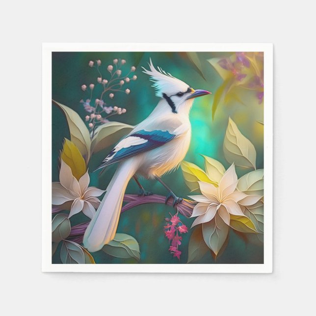 White Tufted Teal Wing Jay Fantasy Bird Napkin (Front)