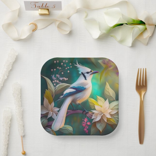 White Tufted Teal Wing Jay Fantasy Bird Paper Plate (Wedding)