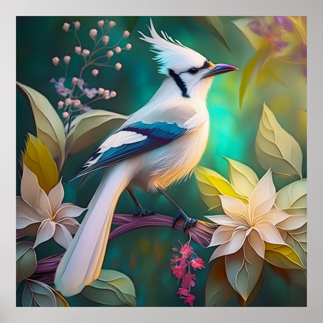 White Tufted Teal Wing Jay Fantasy Bird Poster (Front)