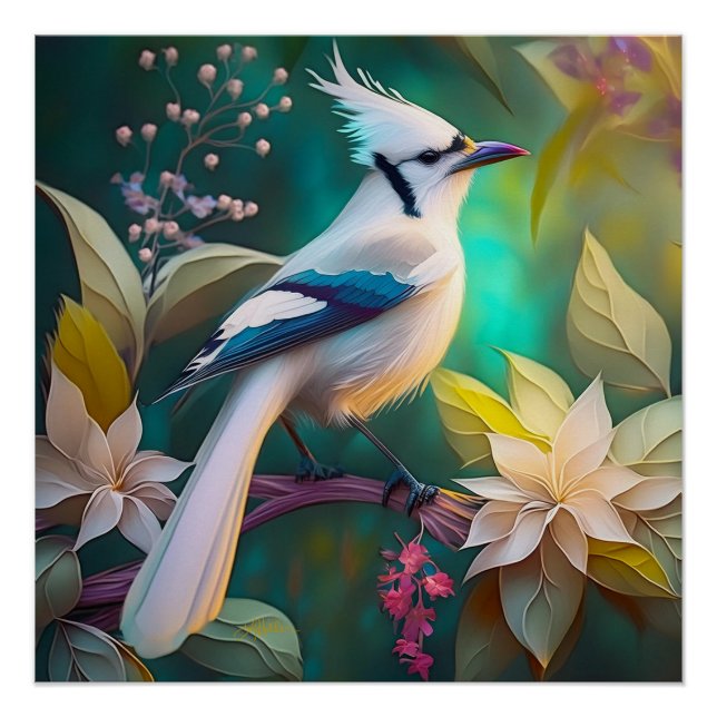 White Tufted Teal Wing Jay Fantasy Bird Poster (Front)