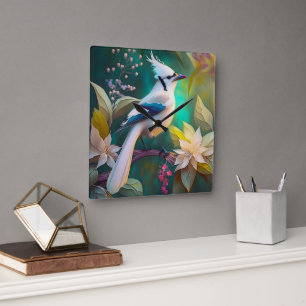 White Tufted Teal Wing Jay Fantasy Bird Square Wall Clock