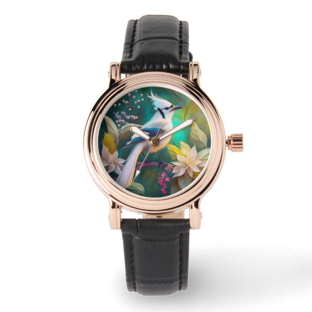 White Tufted Teal Wing Jay Fantasy Bird Watch (Front)