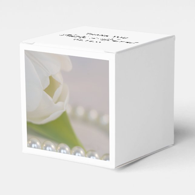 White Tulip and Pearls Spring Wedding Favour Box (Front Side)
