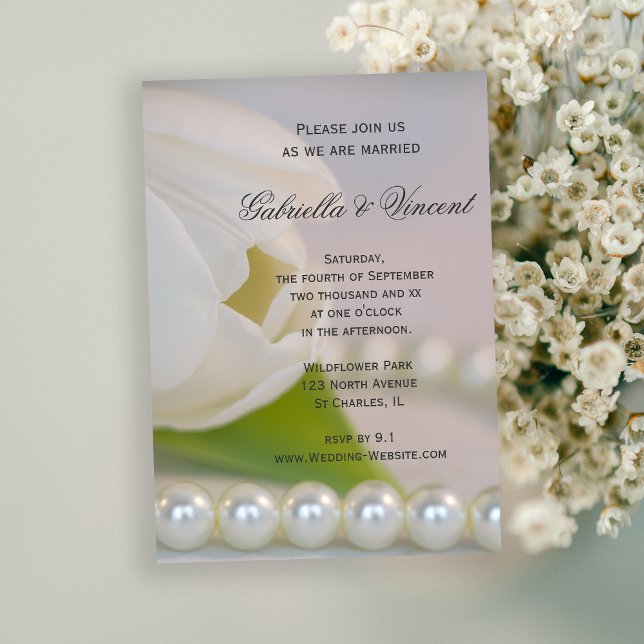 White Tulip and Pearls Spring Wedding Invitation (Invite guests to your springtime marriage with the White Tulip and Pearls Spring Wedding Invitation.)