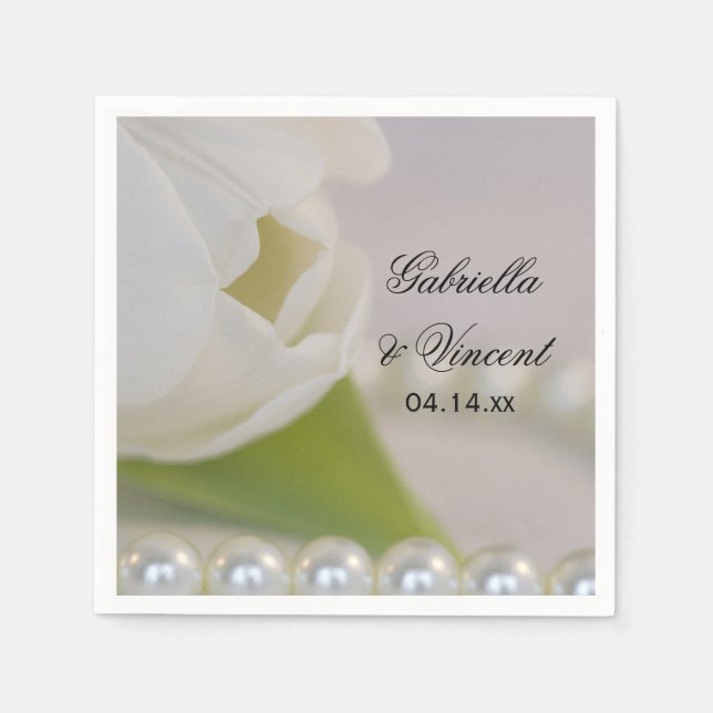 White Tulip and Pearls Spring Wedding Napkin (Front)