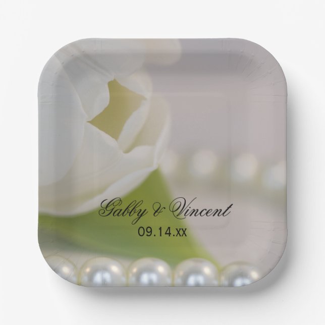 White Tulip and Pearls Spring Wedding Paper Plate (Front)