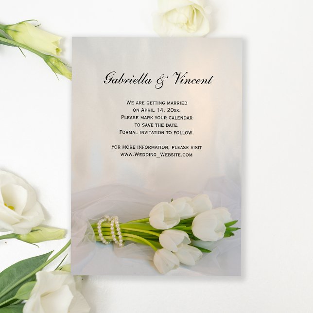 White Tulip Bouquet Spring Wedding Save the Date Invitation (Creator Uploaded)
