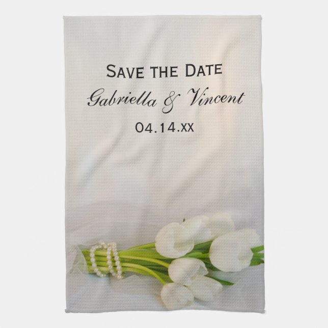 White Tulip Bouquet Spring Wedding Save the Date Tea Towel (Vertical)