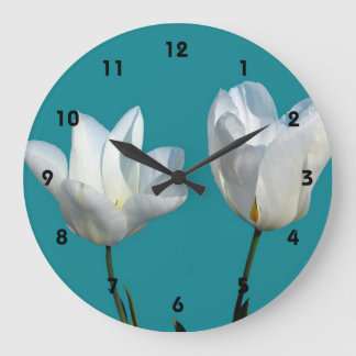 white tulip flowers in aqua blue background large clock