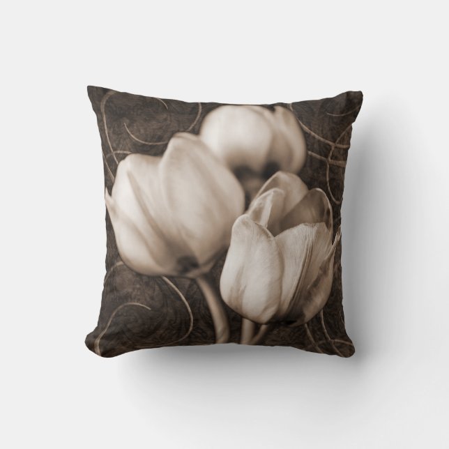 White Tulip Flowers Sepia Black Background floral Cushion (Front)