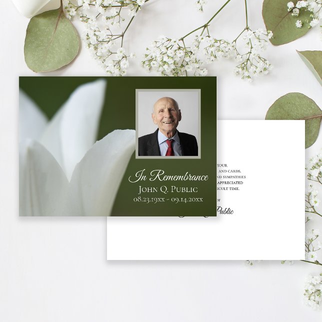 White Tulip on Green Funeral Memorial Sympathy Thank You Card (Creator Uploaded)
