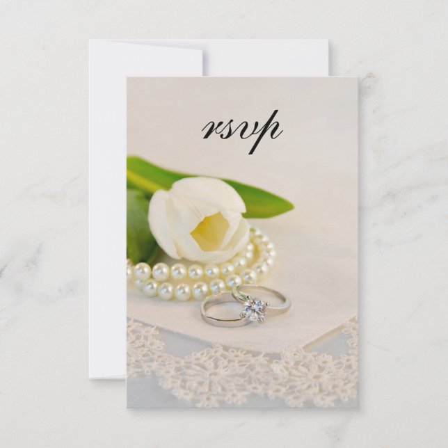 White Tulip, Pearls and Rings Wedding RSVP (Front)