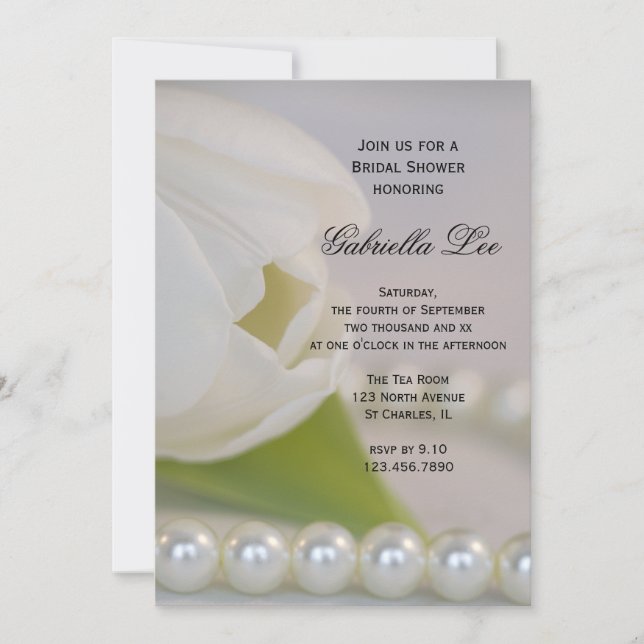 White Tulip Pearls Spring Bridal Shower Invitation (Front)