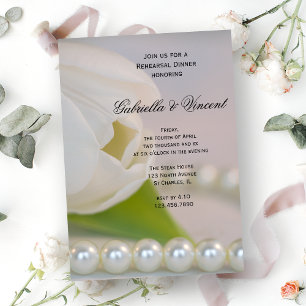 White Tulip Pearls Spring Wedding Rehearsal Dinner Invitation