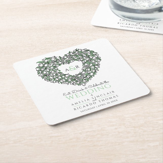 White tulip wreath ink drawing monogram wedding  square paper coaster (Angled)