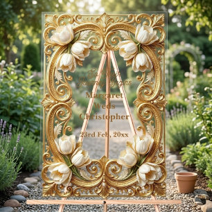 White Tulips Baroque Opulence Gold Ornate Wedding Acrylic Sign