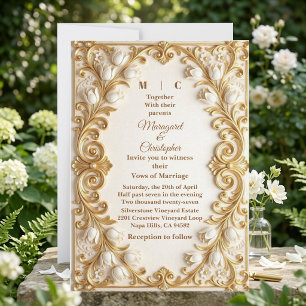 White Tulips Baroque Opulent Gold Florals Wedding Invitation