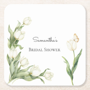 White Tulips Butterfly Bridal Shower Square Paper Coaster