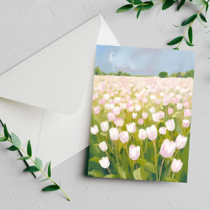 White Tulips Flower Field Painting Card