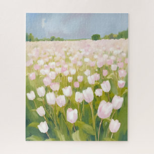 White Tulips Flower Field Painting Jigsaw Puzzle