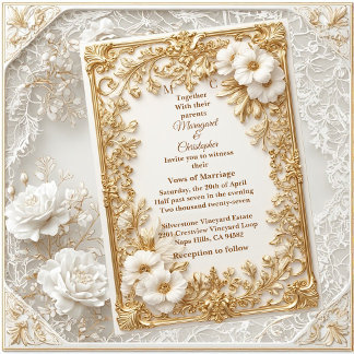 White Tulips Gold Ornate Baroque Grandeur Wedding Invitation