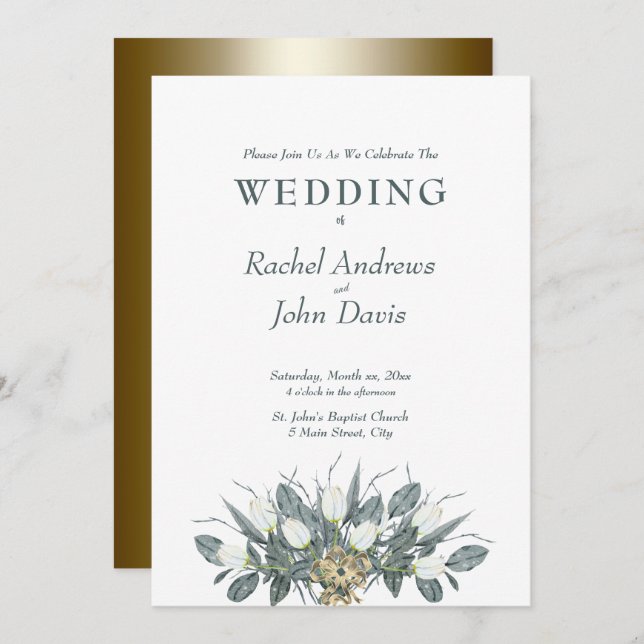 White Tulips Gold Wedding Invitation (Front/Back)