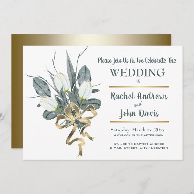 White Tulips Gold Wedding Invitation (Front/Back)