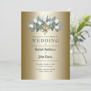 White Tulips Gold Wedding Invitation