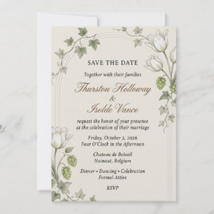 White Tulips, Hops, Ivy Leaves, Arched Border Fram Invitation