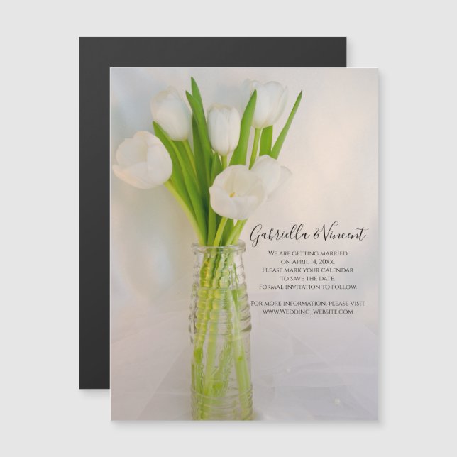 White Tulips in Bottle Wedding Save the Date Magnetic Invitation (Front/Back)