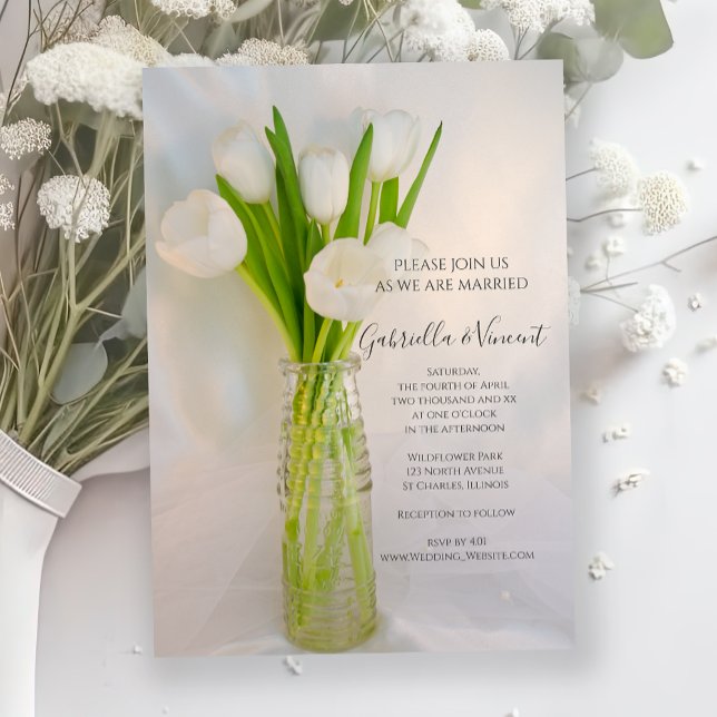 White Tulips in Milk Bottle Spring Wedding Invitation (Creator Uploaded)