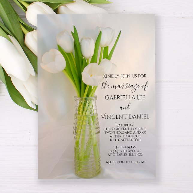 White Tulips in Milk Bottle Spring Wedding Invitation (Creator Uploaded)