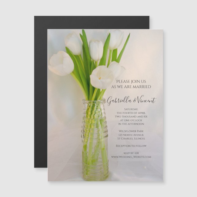 White Tulips in Milk Bottle Wedding Magnetic Invitation (Front/Back)