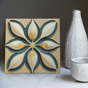 White Tulips on Blue Symmetric Art Deco Ceramic Tile