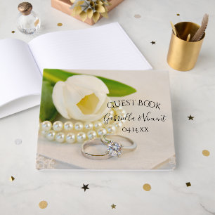 White Tulips, Rings and Pearls Spring Wedding Guest Book