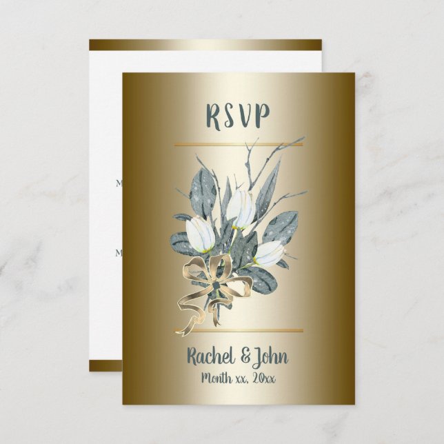 White Tulips With Gold, Wedding RSVP Card (Front/Back)
