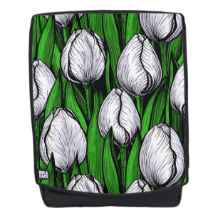 White tulips with green leaves backpack