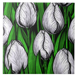 White tulips with green leaves ceramic tile