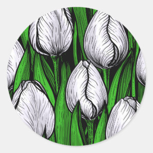 White tulips with green leaves classic round sticker