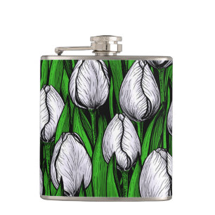 White tulips with green leaves hip flask