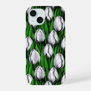 White tulips with green leaves iPhone 15 case