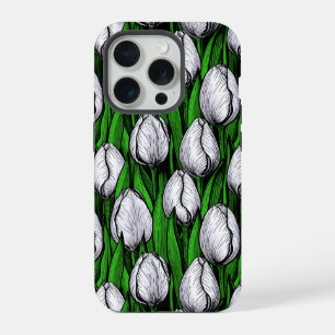 White tulips with green leaves iPhone 15 pro case
