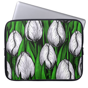 White tulips with green leaves laptop sleeve